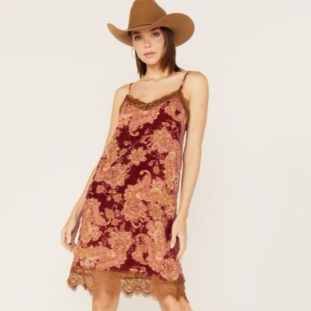 Mystree Velvet Lace Trim Paisley Slip Dress Boho Cowgirl Medium NWT